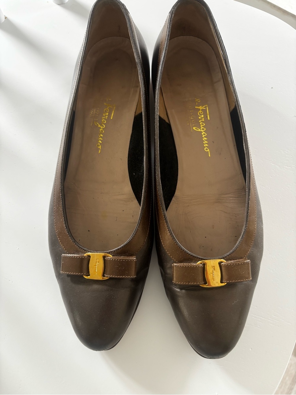 Salvatore Ferragamo Brown Leather Bow Flats with Gold Buckle